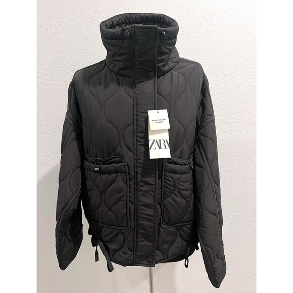 ZARA Women Water Repellent Puffer Jacket Short Coat Black Size Medium 2969/267 - Picture 1 of 15